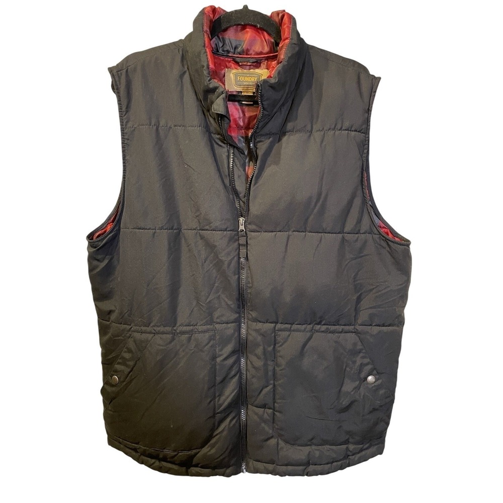 Foundry Black Vest Men's Size Large Tall Full Zip Pockets Plaid‎ Pattern Lined